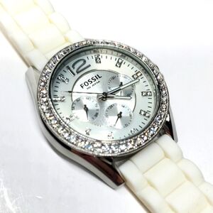 Fossil Watch ES2526 Silver white Silicone Wristband Crystal Bezel Multifunction